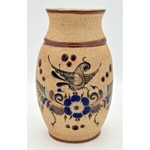 Netzi Tonala Pottery Burnished Clay Vase Hand-Painted Bird‎ Floral Motif Signed